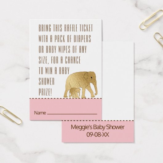 Baby shower Raffle Ticket Elephant Gold Pink Visitekaartje (Kantoor)