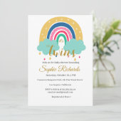 Baby shower Rainbow Twins Blauw Roze Uitnodiging (Staand voorkant)
