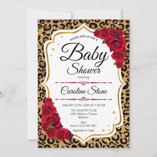 Baby shower - Red Gold Leopard Print Kaart (Voorkant)