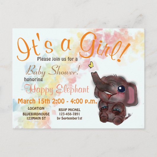 Baby shower regenboog en olifant Doodle Art Announ Aankondigingskaart (Voorkant)