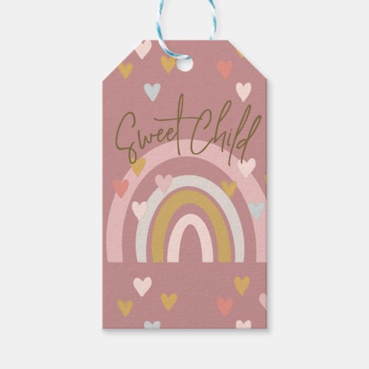 Baby shower regenboog harten roze cadeaulabel (Voorkant)
