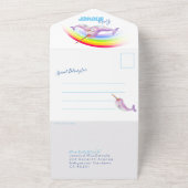 Baby shower regenboog narwallen blauwe waterverf all in one uitnodiging (Buitenkant)
