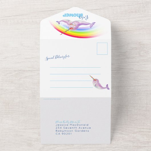 Baby shower regenboog narwallen blauwe waterverf all in one uitnodiging (Buitenkant)