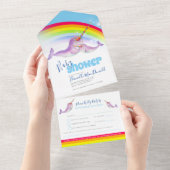 Baby shower regenboog narwallen blauwe waterverf all in one uitnodiging (Afscheurbaar)
