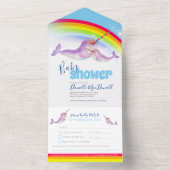 Baby shower regenboog narwallen blauwe waterverf all in one uitnodiging (Binnen)