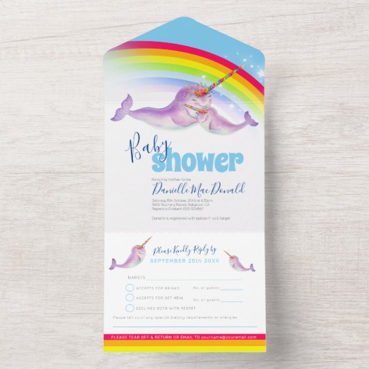 Baby shower regenboog narwallen blauwe waterverf all in one uitnodiging (Binnen)