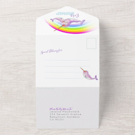 Baby shower regenboog narwhals waterverf all in one uitnodiging (Buitenkant)