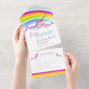Baby shower regenboog narwhals waterverf all in one uitnodiging