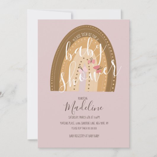 Baby Shower Regenboog Vlinders Boho Roze Kaart (Voorkant)