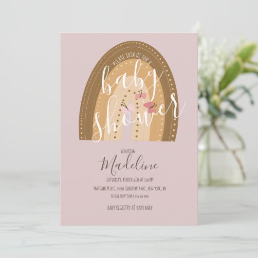 Baby Shower Regenboog Vlinders Boho Roze Kaart (Staand voorkant)