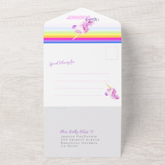 Baby shower regenboogeenhoorn waterverf all in one uitnodiging (Buitenkant)