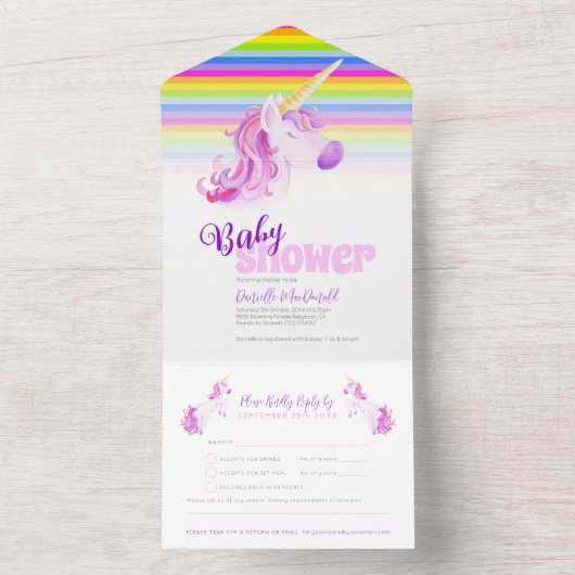 Baby shower regenboogeenhoorn waterverf all in one uitnodiging (Binnen)