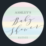 Baby shower regenboogstrips ronde sticker<br><div class="desc">Waterverf pastel strepen het ontwerp van het baby shower voor een genderneutrale douche.</div>