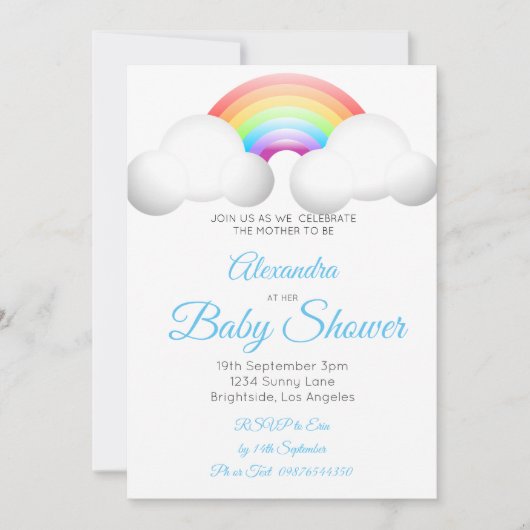 Baby shower regenboogwolken kleurig blauw kaart (Voorkant)