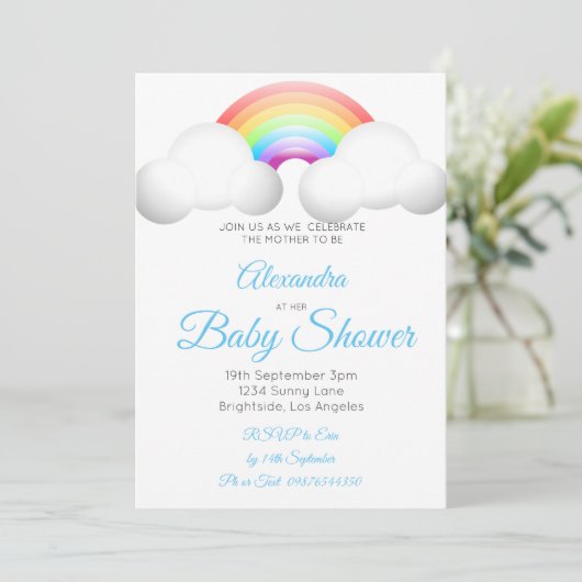 Baby shower regenboogwolken kleurig blauw kaart (Staand voorkant)