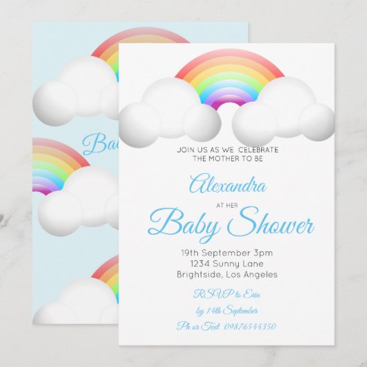 Baby shower regenboogwolken kleurig blauw kaart (Voorkant / Achterkant)