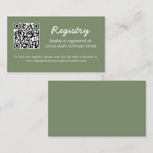 Baby shower Register QR Code Sage Green Informatiekaartje (Voorkant / Achterkant)
