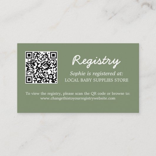 Baby shower Register QR Code Sage Green Informatiekaartje (Voorkant)