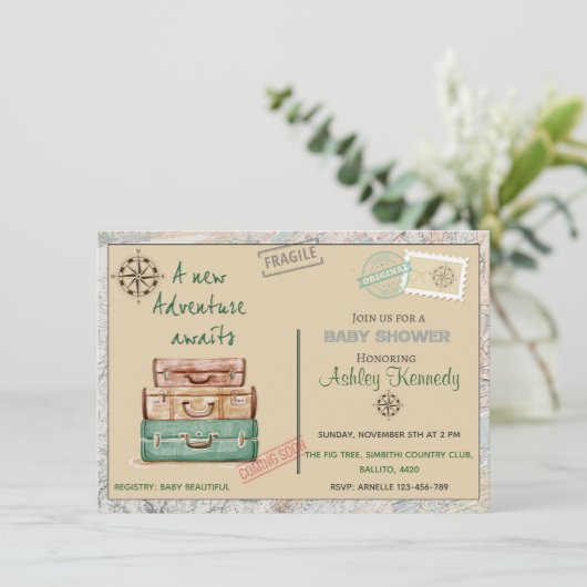 Baby shower reisthema uitnodiging 4 x 6 (Staand voorkant)