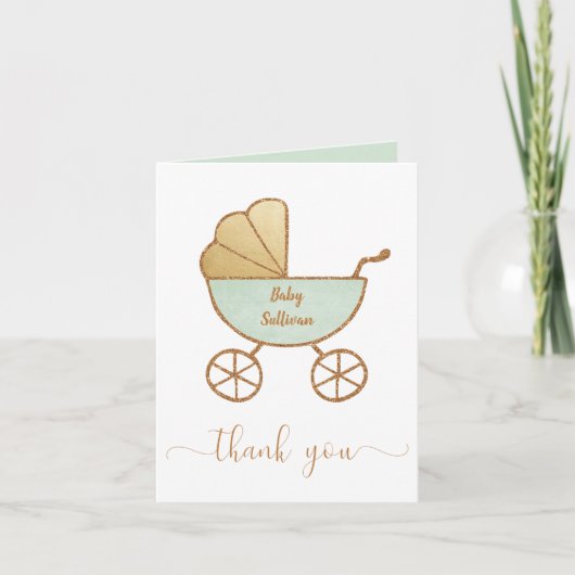 Baby shower Retro Carriage Mint Gold Bedankkaart (Voorkant)