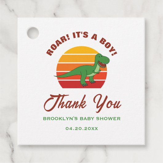 Baby shower Retro Sunset Dinosaur Roar It A Boy Bedankjes Labels (Voorkant)