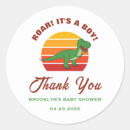 Baby shower Retro Sunset Dinosaur Roar It A Boy Ronde Sticker