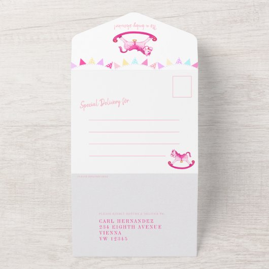 Baby shower rocking hobby paard roze waterverf al all in one uitnodiging (Buitenkant)