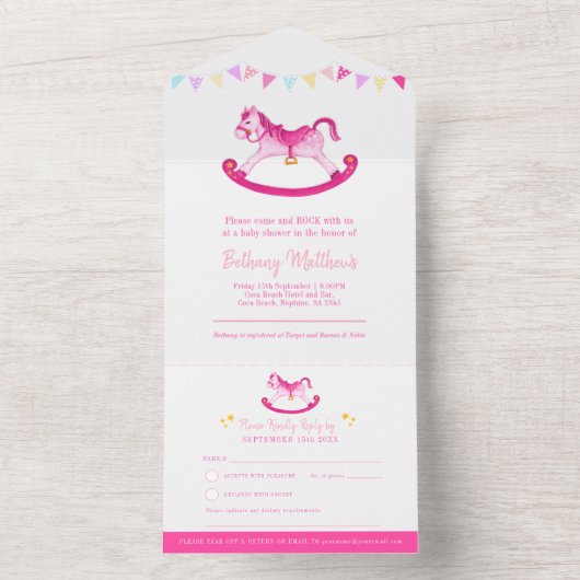 Baby shower rocking hobby paard roze waterverf al all in one uitnodiging (Binnen)