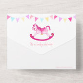 Baby shower rocking hobby paard roze waterverf al all in one uitnodiging (Achterkant)
