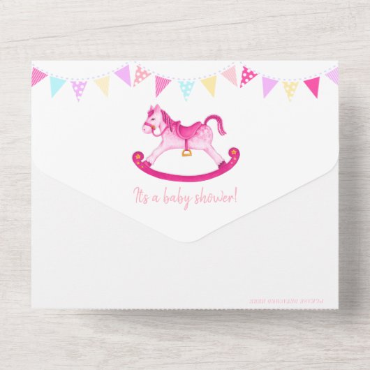 Baby shower rocking hobby paard roze waterverf al all in one uitnodiging (Achterkant)