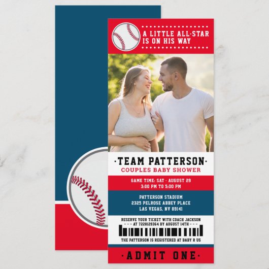 Baby shower Rode blauwe Baseball Ticket Couples Fo Kaart (Voorkant / Achterkant)