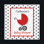 Baby shower - Rode koets en Polka Dot Magneet<br><div class="desc">Een baby shower met een afbeelding van een rode kinderwagen over een achtergrond van wit met zwarte stippen. Personaliseer met jouw naam.</div>