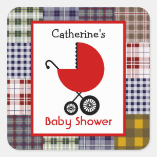 Baby shower Rode Koets & Plaid Patchwork Vierkante Sticker