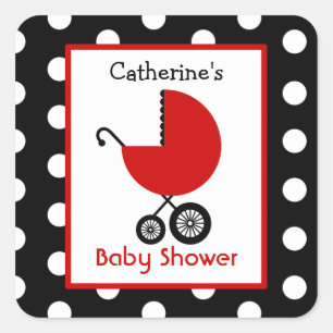 Baby shower Rode Koets & Polka Dots Vierkante Sticker