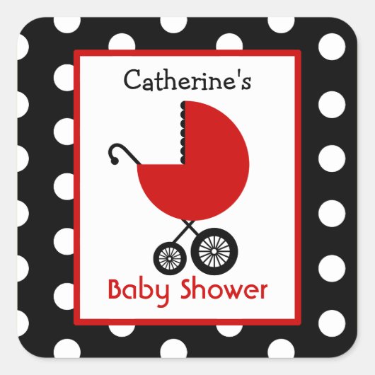 Baby shower Rode Koets & Polka Dots Vierkante Sticker (Voorkant)