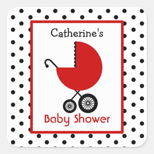 Baby shower Rode Koets & Polka Dots Vierkante Sticker (Voorkant)