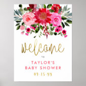 Baby shower Rode & Roze bloemen Welkomstteken Poster (Voorkant)