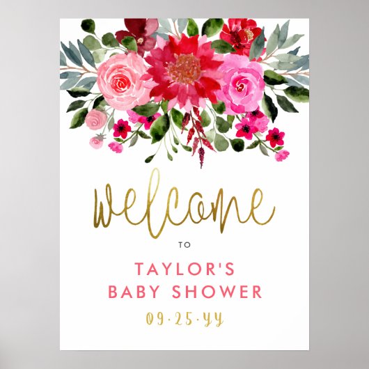 Baby shower Rode & Roze bloemen Welkomstteken Poster (Voorkant)