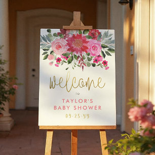 Baby shower Rode & Roze bloemen Welkomstteken Poster
