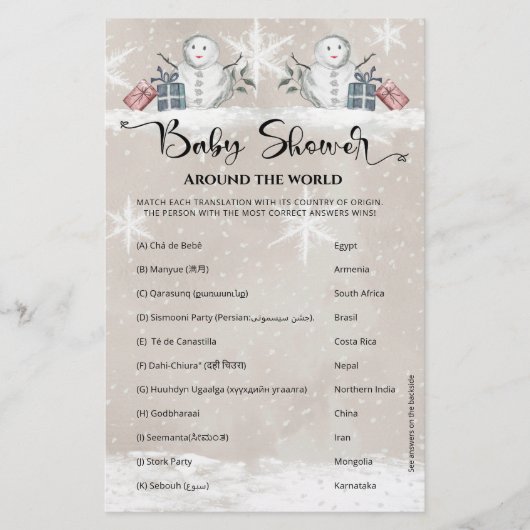 Baby shower Rond de Wereld Sneeuwman Baby shower (Voorkant)