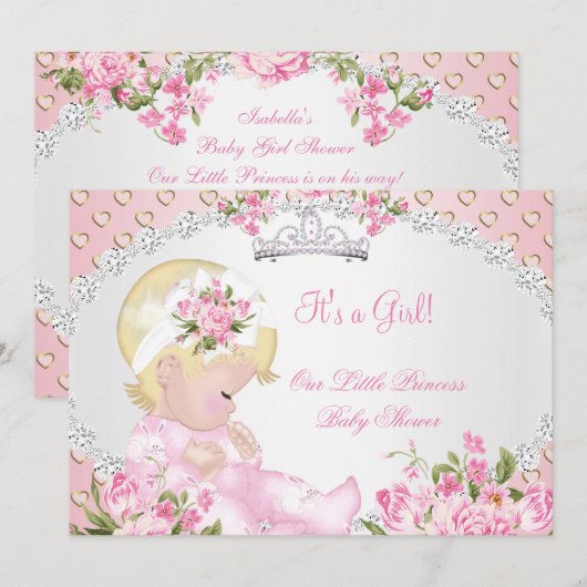  Baby shower Roos Floral roze harten C Kaart (Voorkant / Achterkant)