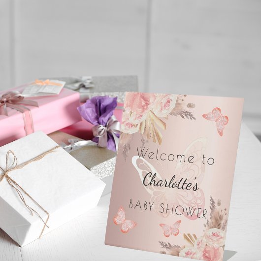 Baby shower roos Gold Blush Butterfly Welkom Reclamebord Met Voetstuk