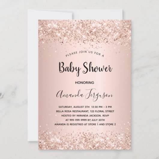 Baby shower roos goud glitter blush girl kaart (Voorkant)