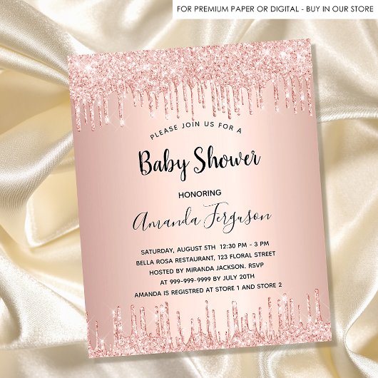 Baby shower roos goud glitter budget uitnodiging