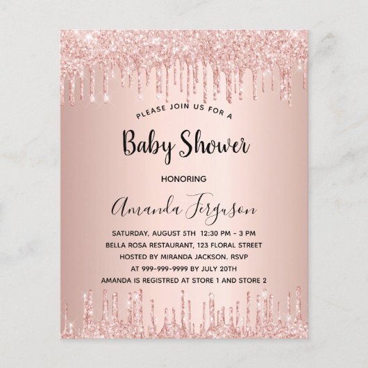 Baby shower roos goud glitter budget uitnodiging flyer (Voorkant)