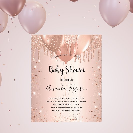Baby shower roos goud glitter budget uitnodiging flyer