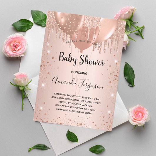 Baby shower roos goud glitter druppelt ballonmeisj kaart