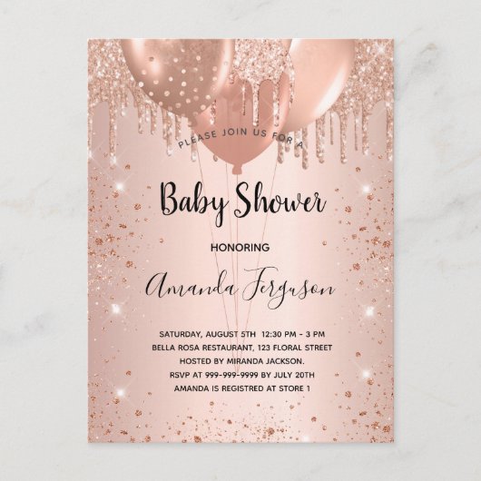 Baby shower roos goud glitter druppelt ballonmeisj uitnodiging briefkaart (Voorkant)