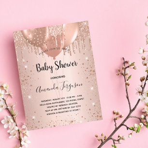 Baby shower roos goud glitter druppelt ballonmeisj uitnodiging briefkaart