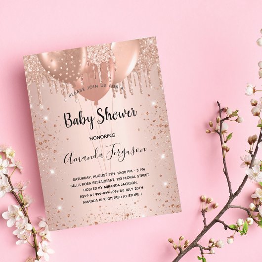 Baby shower roos goud glitter druppelt ballonmeisj uitnodiging briefkaart